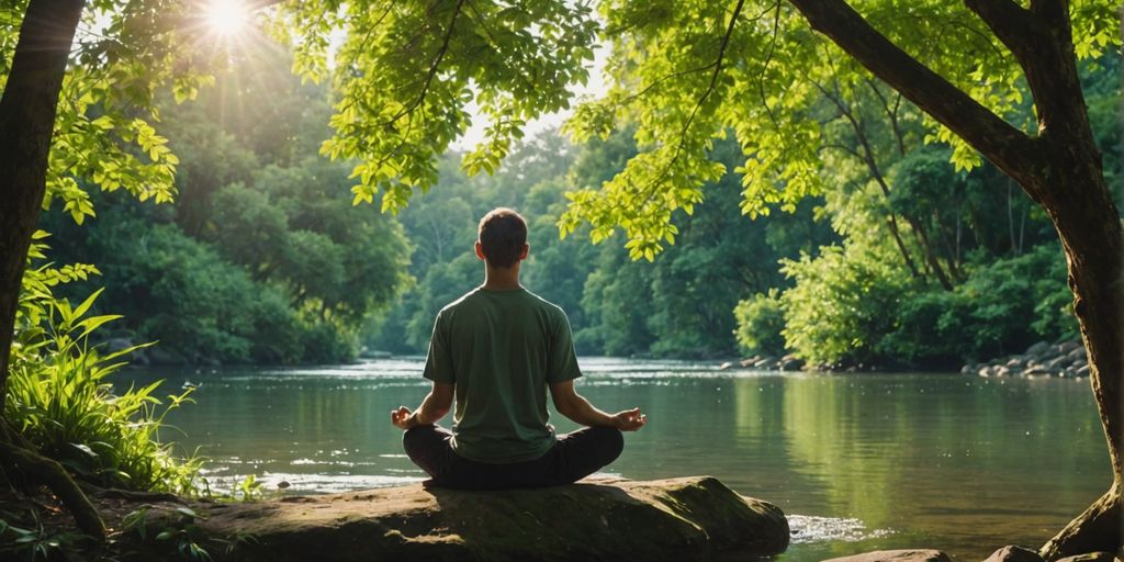 Person meditating in nature by a calm river.