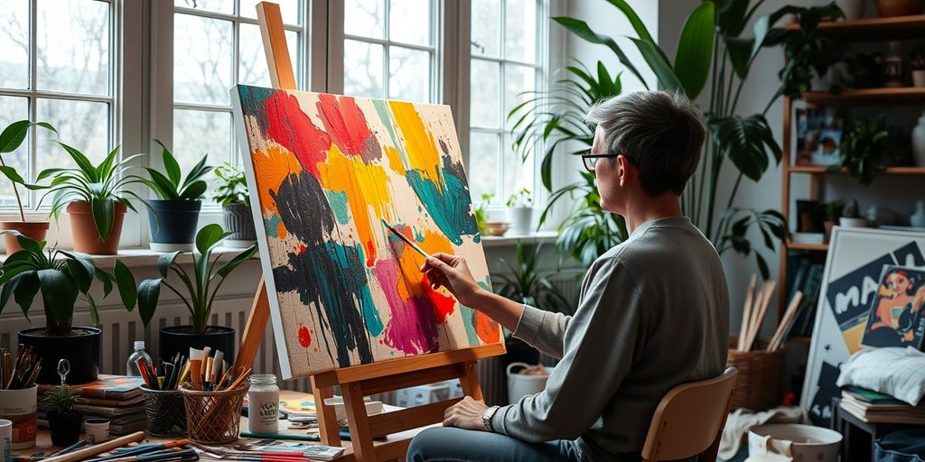 Person painting colorful abstract canvas in cozy room.