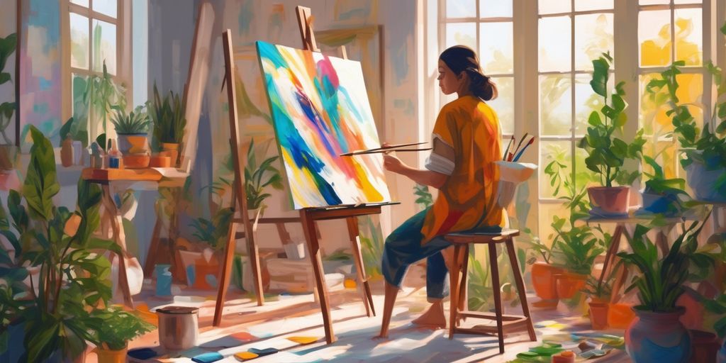 Artist painting abstract canvas in sunlit studio