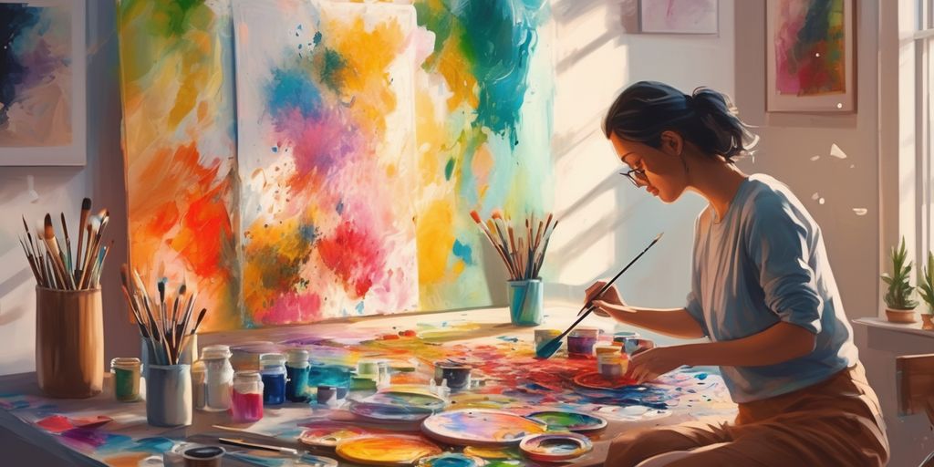 Person painting colorful abstract art in cozy room.