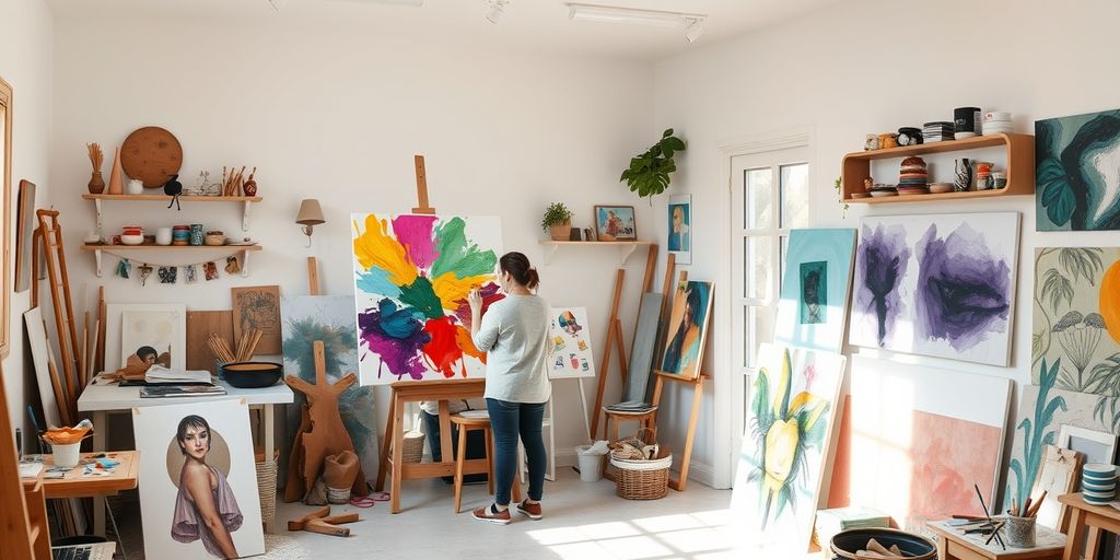 Artist painting colorful abstract canvas in serene studio.