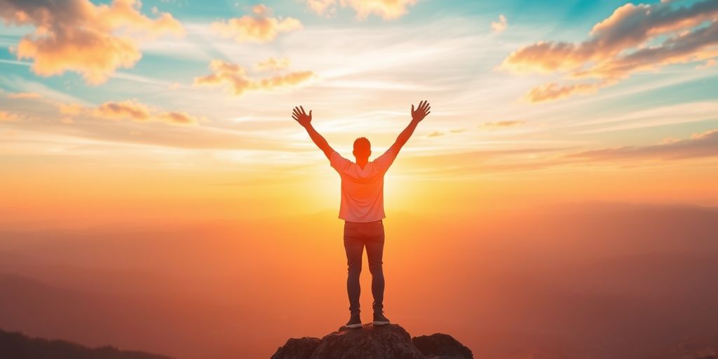 Person on mountain peak at sunrise