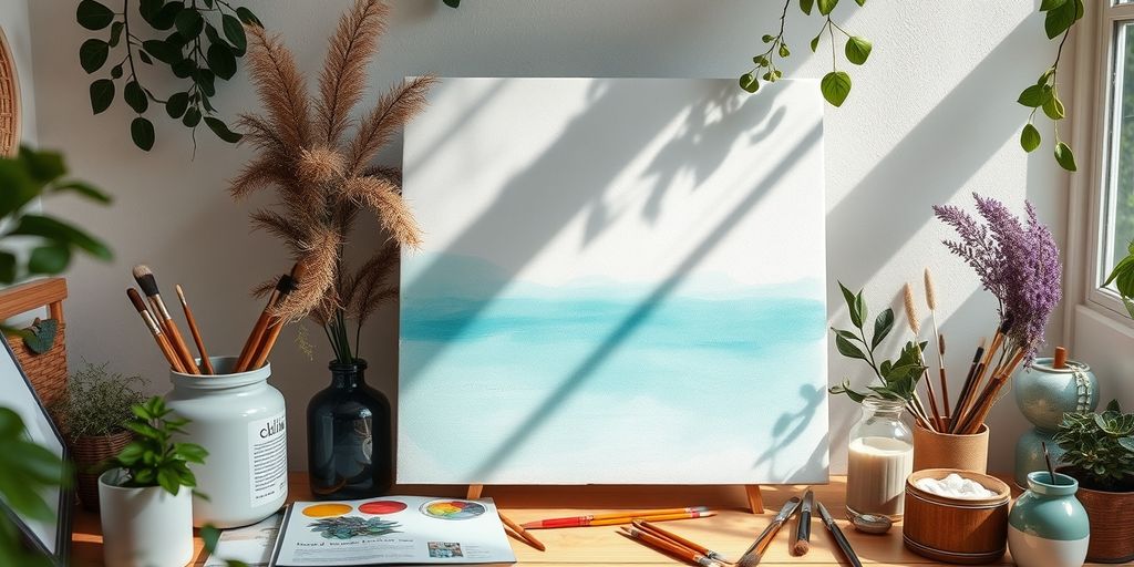 A peaceful artist's workspace with calming colors and nature.