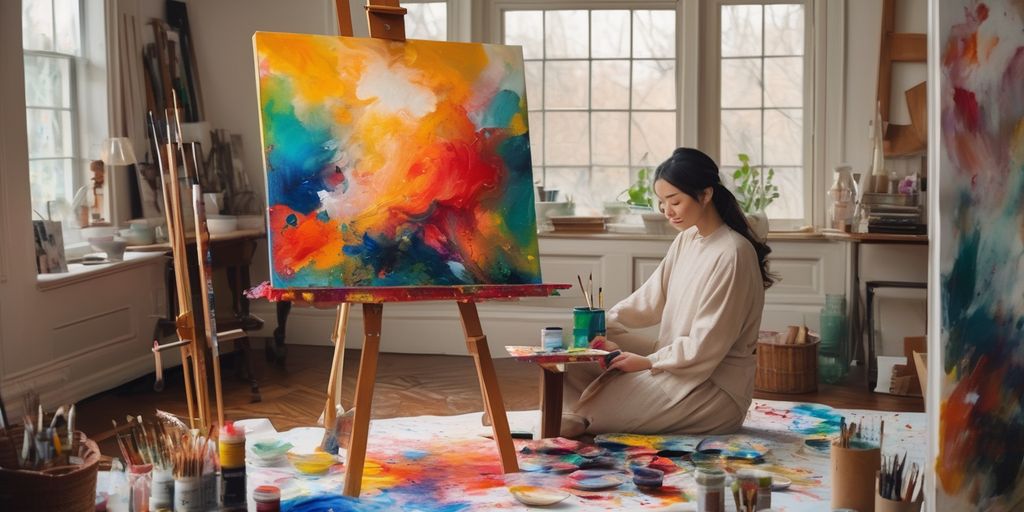 Person painting abstract art in a cozy room.