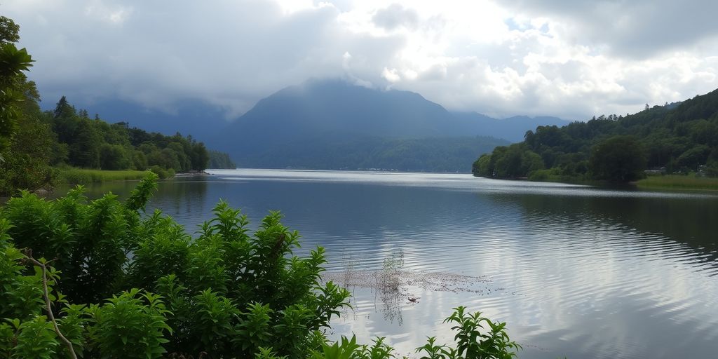 Tranquil lake scene surrounded by lush greenery and clouds.