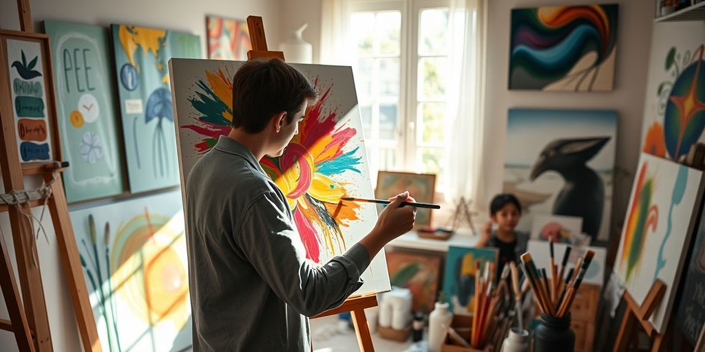 Person painting vibrant abstract canvas in sunlit room.