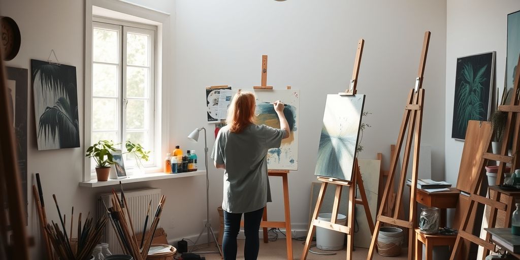 Person painting in a serene art studio.