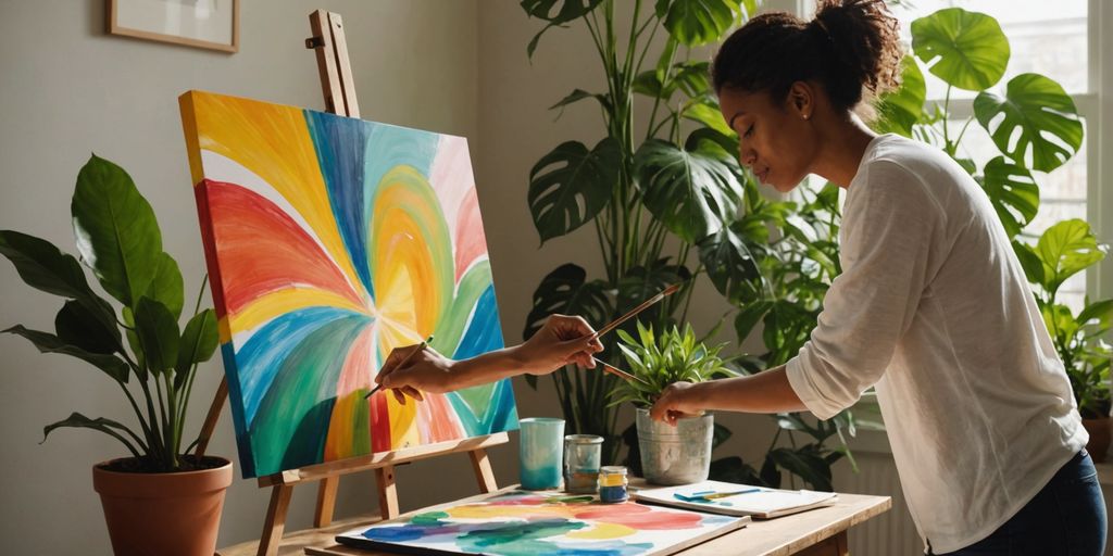 Person painting abstract art in a sunlit room.