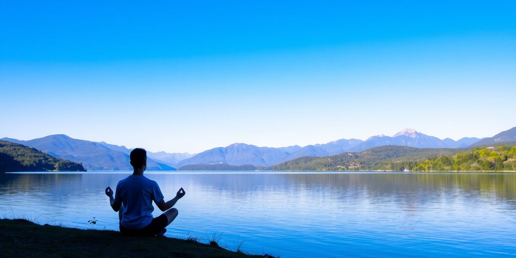 Person meditating by a calm lake