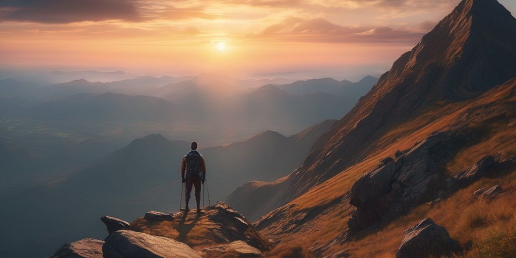 Person on mountain peak at sunrise