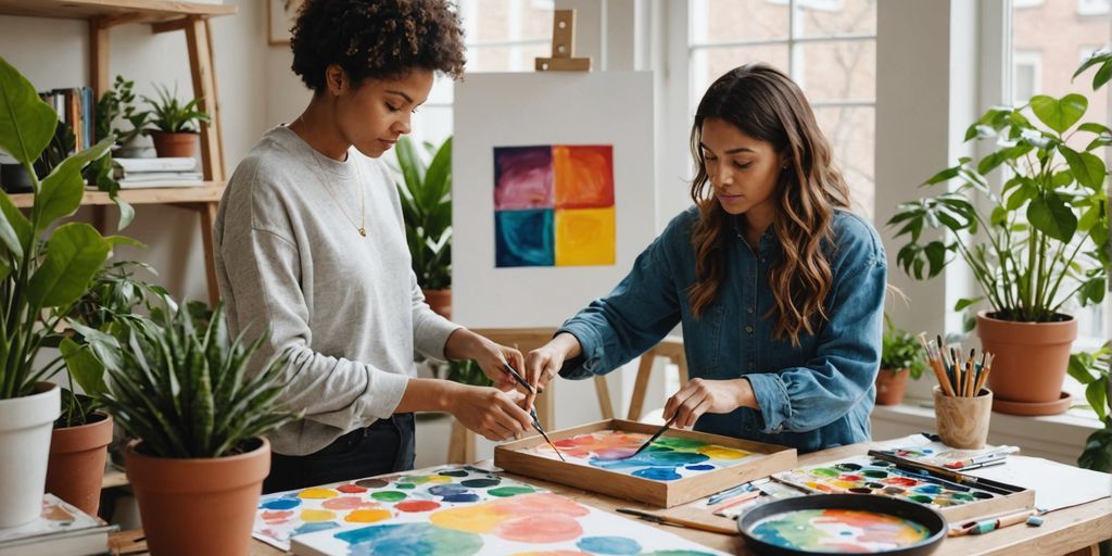 Person painting abstract art in a cozy room.