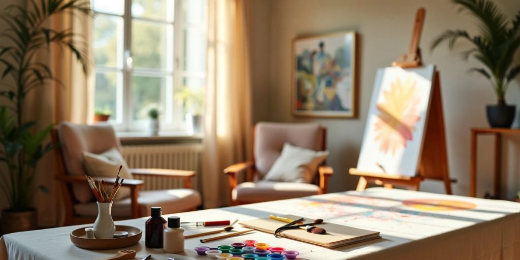 Therapy room with art supplies and comfortable seating.