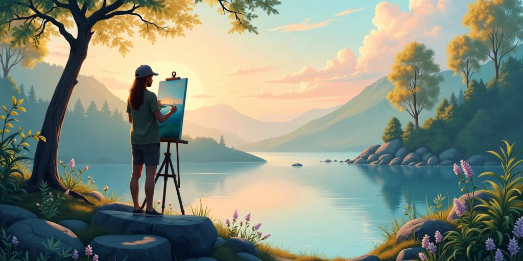 Person painting a tranquil landscape in nature.