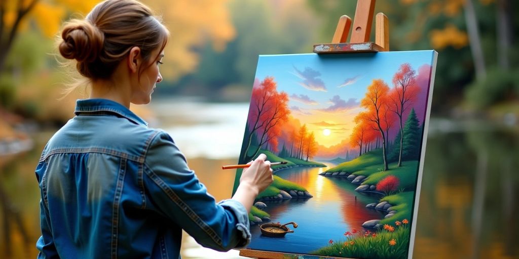 Person painting a landscape in nature