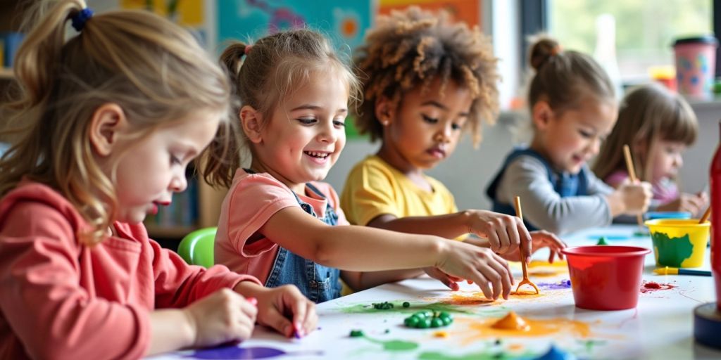 Children engaged in creative activities in a vibrant classroom.