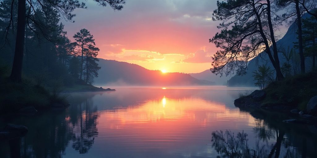 Calm lake at sunset with silhouetted trees.