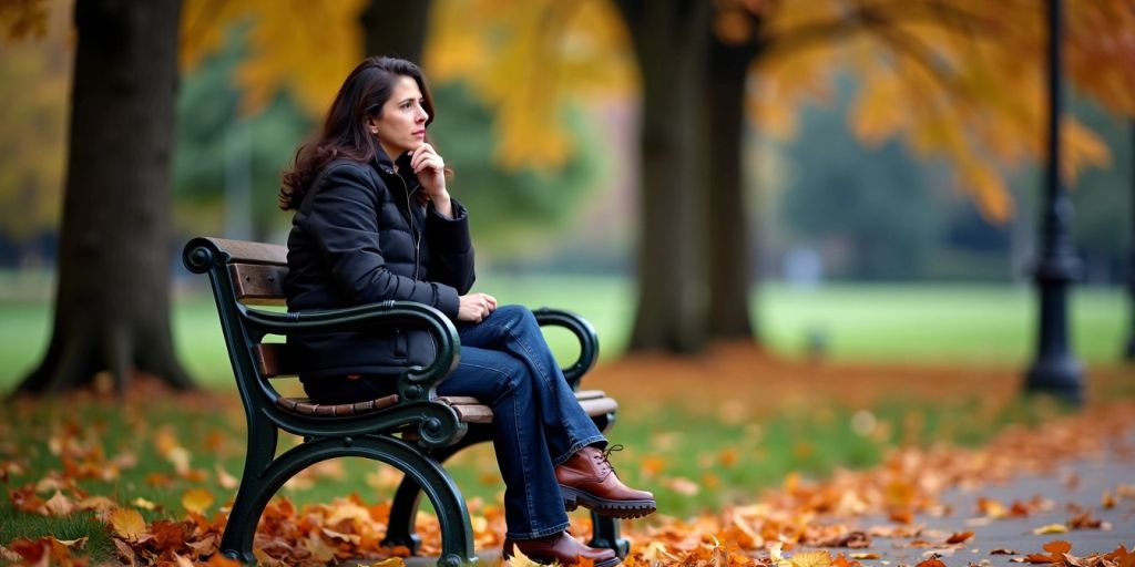 Person on bench surrounded by autumn leaves.