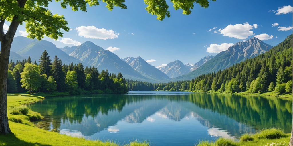 Peaceful lake with trees and mountains