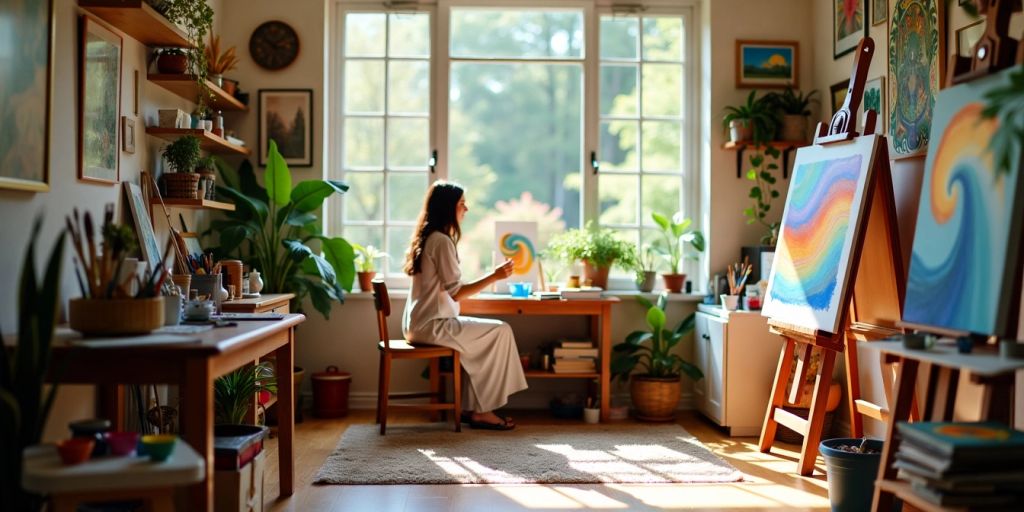 Person painting in a serene art studio.