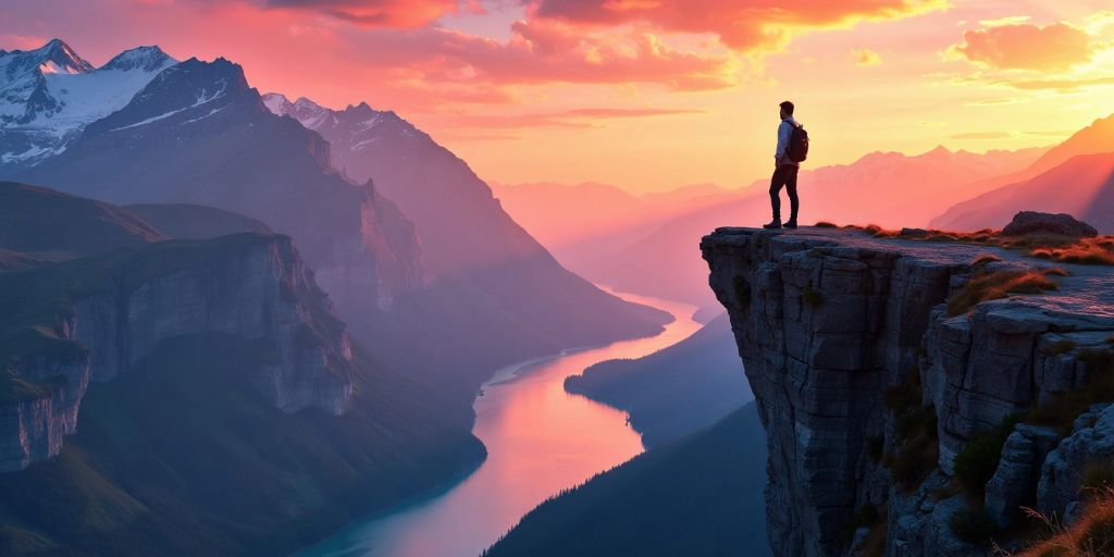 Person on cliff at sunset overlooking landscape.