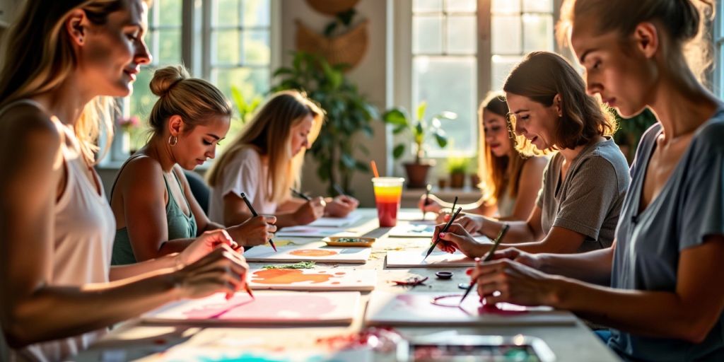 Group creating art in a bright, peaceful studio.