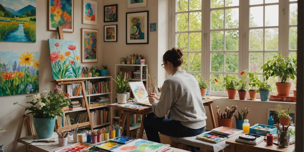 Person painting in a cozy room with art supplies.