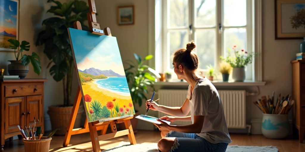 Person painting a landscape in a sunlit room.