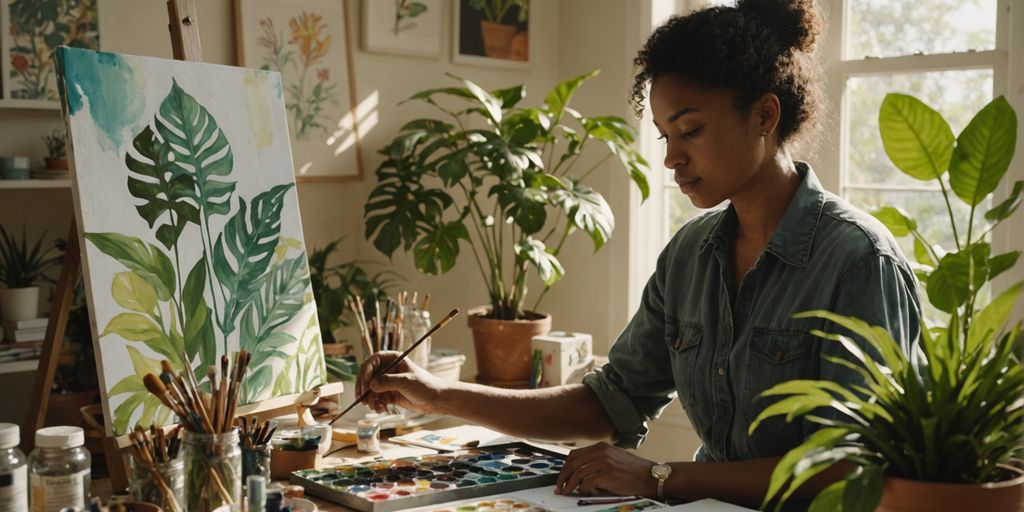 Person painting in a sunlit room with plants.