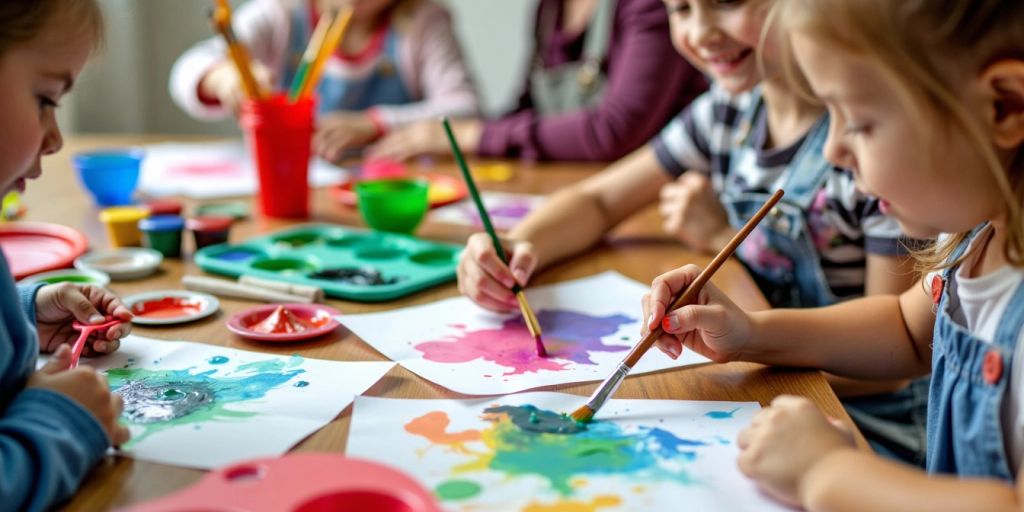 Children painting at a colorful art table with supplies.