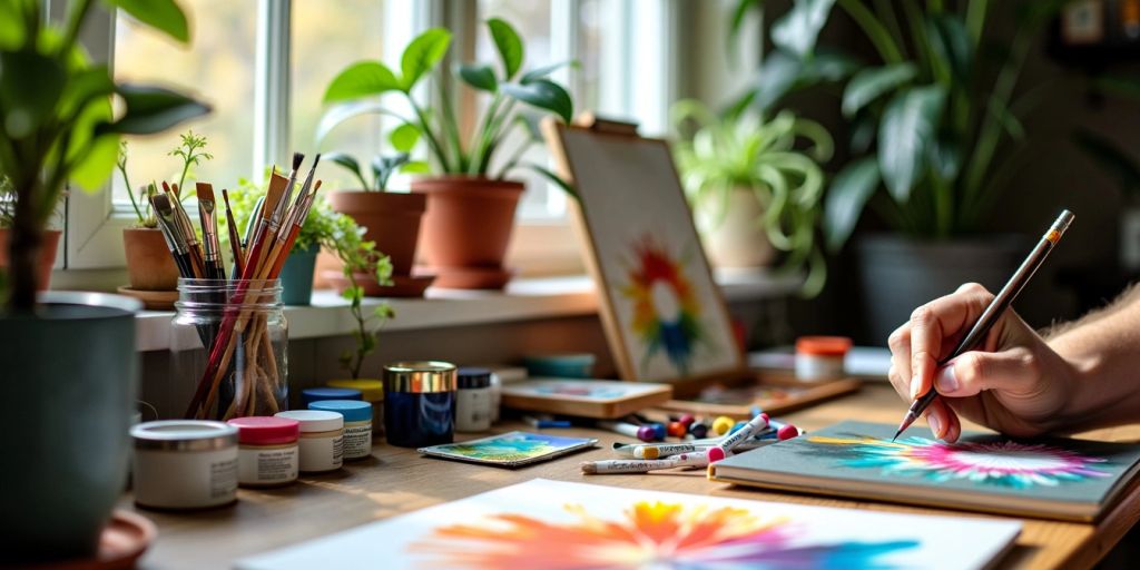 Art supplies and canvas in a bright workspace.