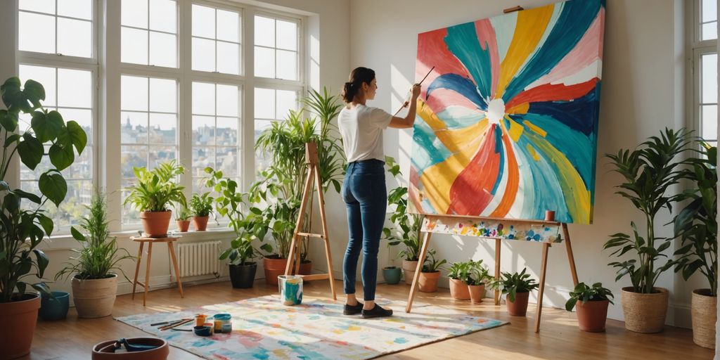 Person painting colorful abstract canvas in sunlit room.