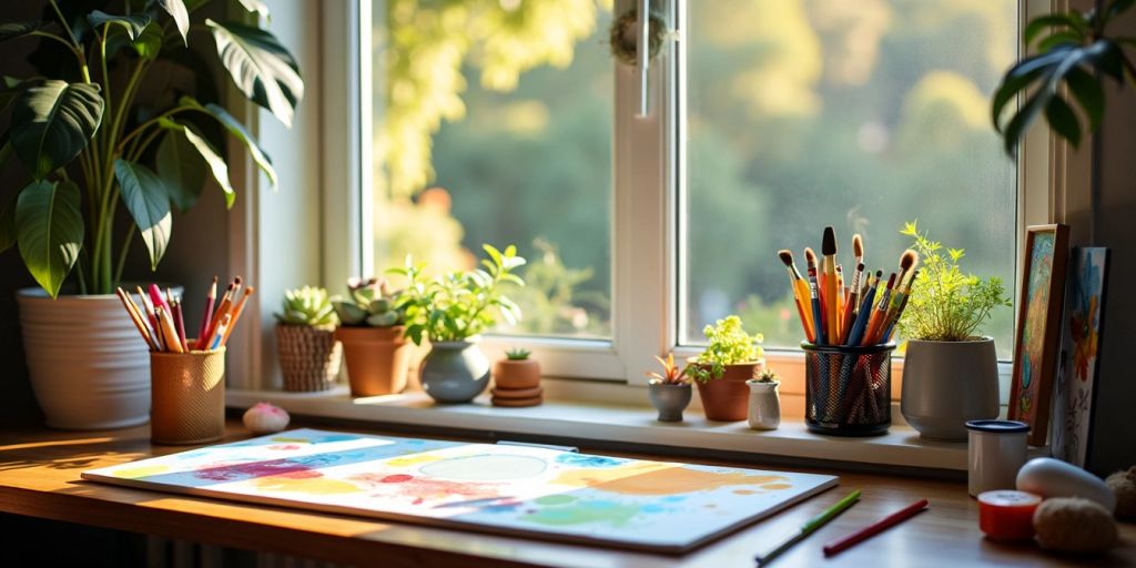 Art supplies and a canvas in a peaceful workspace.