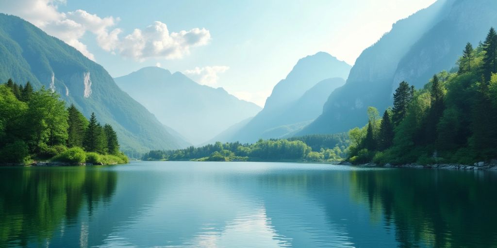 Tranquil lake with green trees and mountains in background.