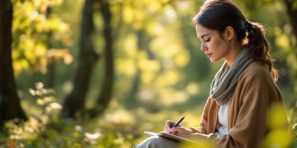 Person journaling outdoors in a peaceful natural setting.