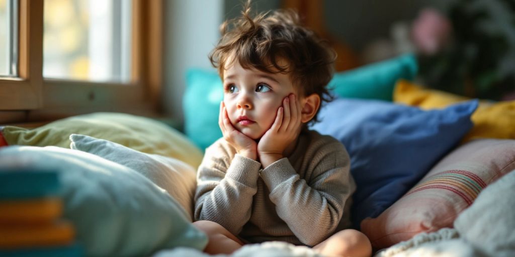 Child in a cozy room, contemplating emotions thoughtfully.