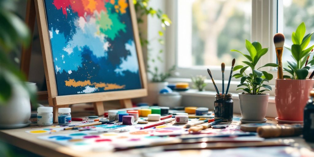 Artist workspace with paints and brushes in sunlight.