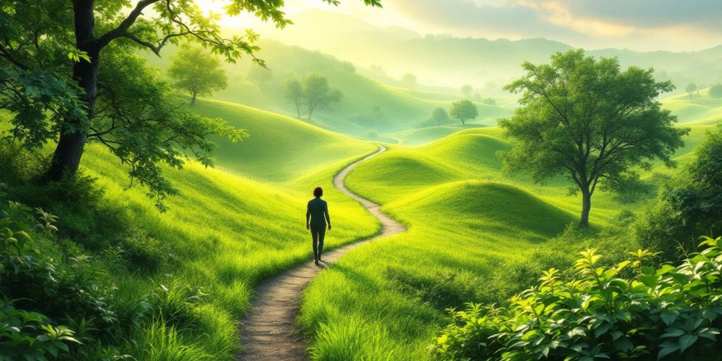 A person walking on a winding path in nature.