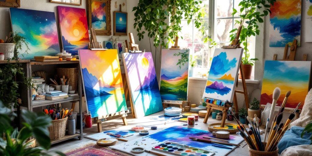 Art studio with vibrant paintings and calming colors.