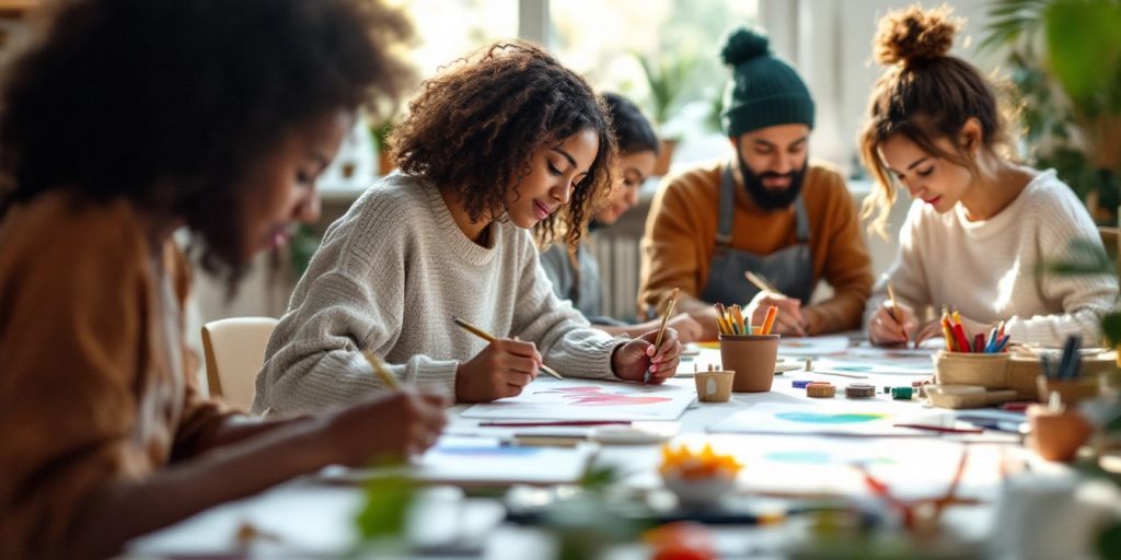 Group of people engaged in art therapy session.