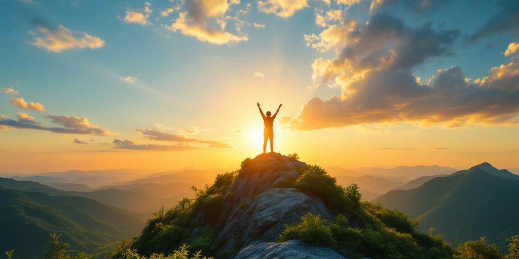 Person on mountain peak, arms raised in confidence.