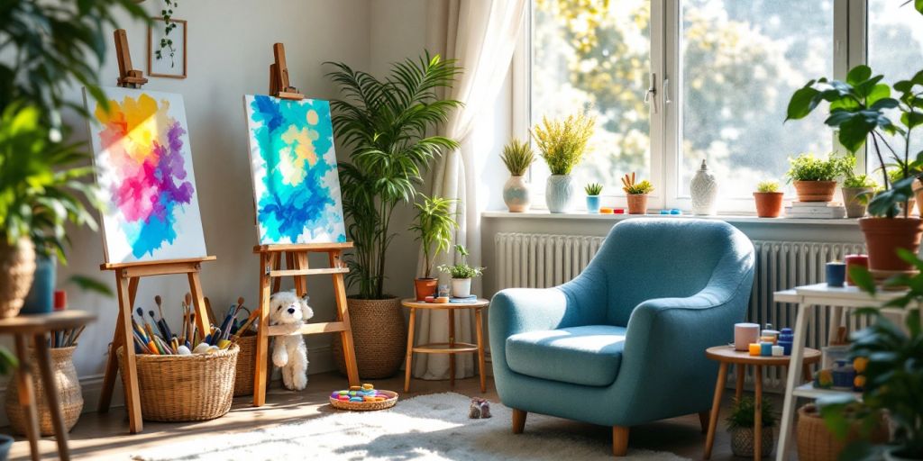 Art supplies in a bright, inviting therapy space.