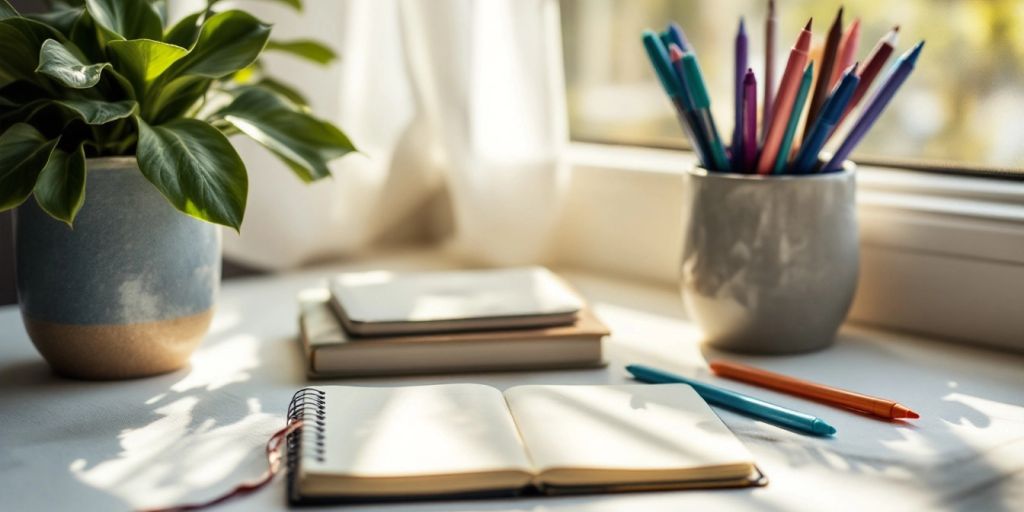 Workspace with journal, pens, and a calming plant.