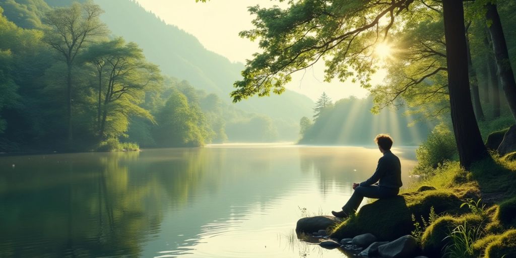 Person by a calm lake in a tranquil landscape.