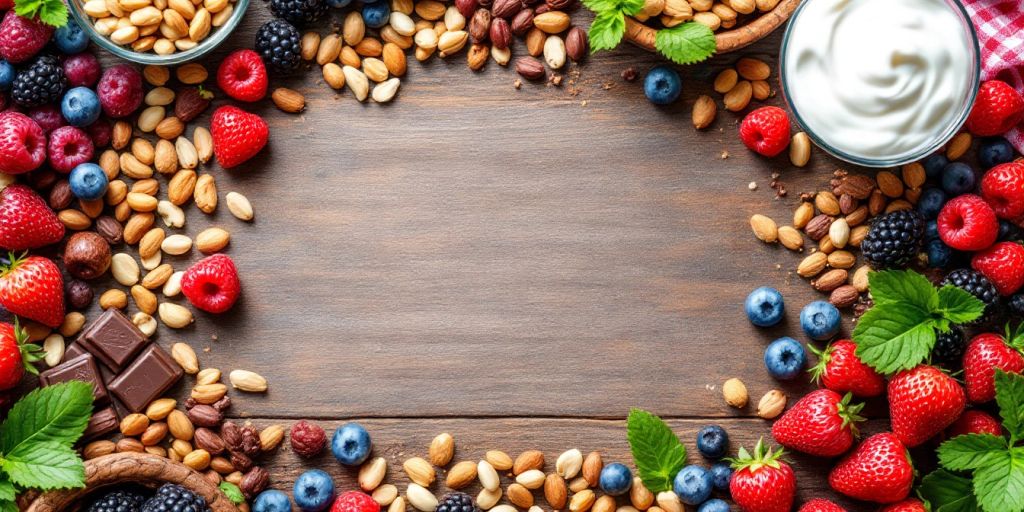 Colorful healthy snacks for stress relief on a table.