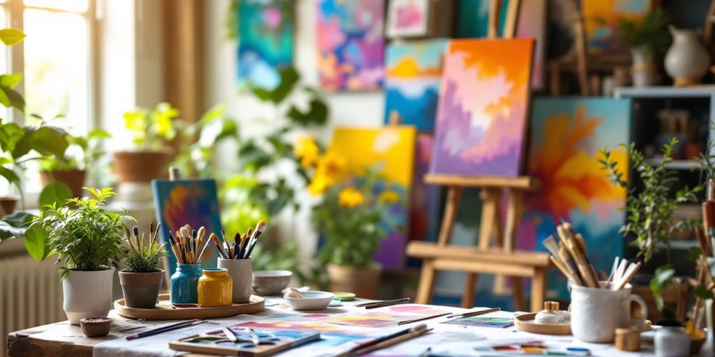 Art studio with colorful paints and serene atmosphere.