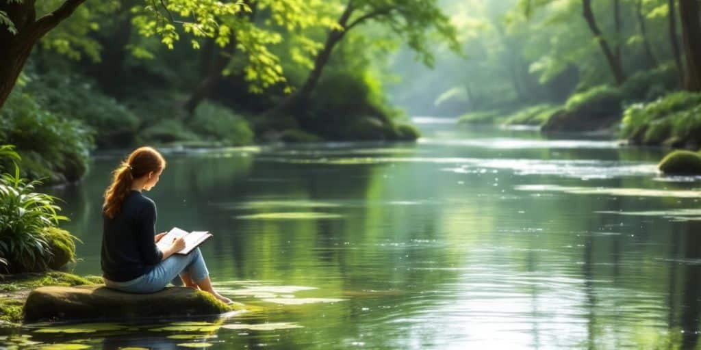 Person journaling by a peaceful river in nature.