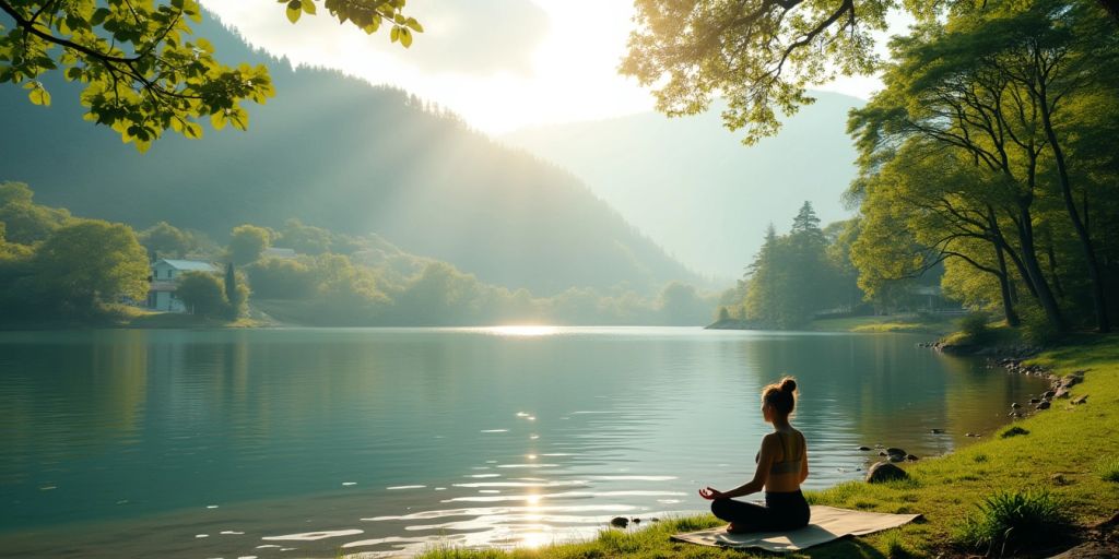 Person practicing yoga by a tranquil lake.