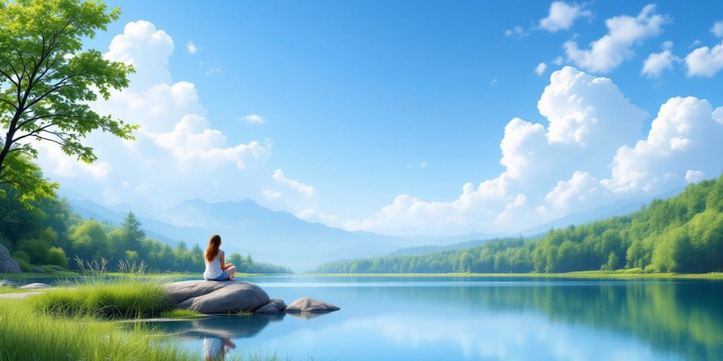 Person reflecting by a calm lake in nature.