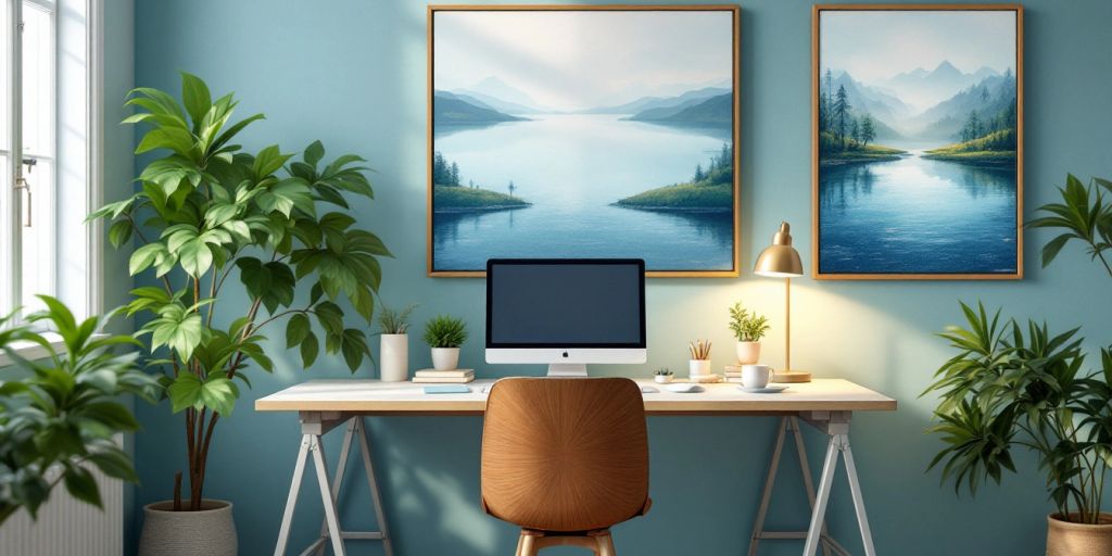 Calming office artwork with plants and soft lighting.