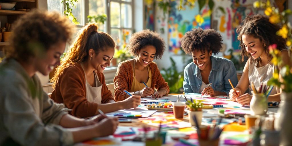 Group of people enjoying art therapy in a bright studio.